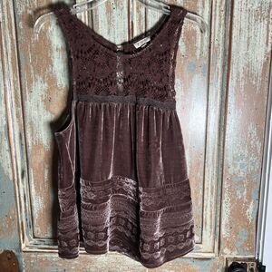 POL Crushed Velvet Racerback Babydoll Tank Top  L Crochet Trim